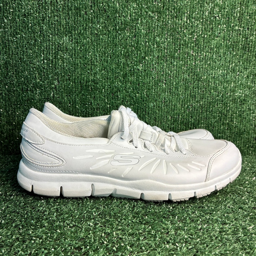 Skechers Work Eldred Relaxed Fit Slip Resistant Leather Sneakers White Womens 10